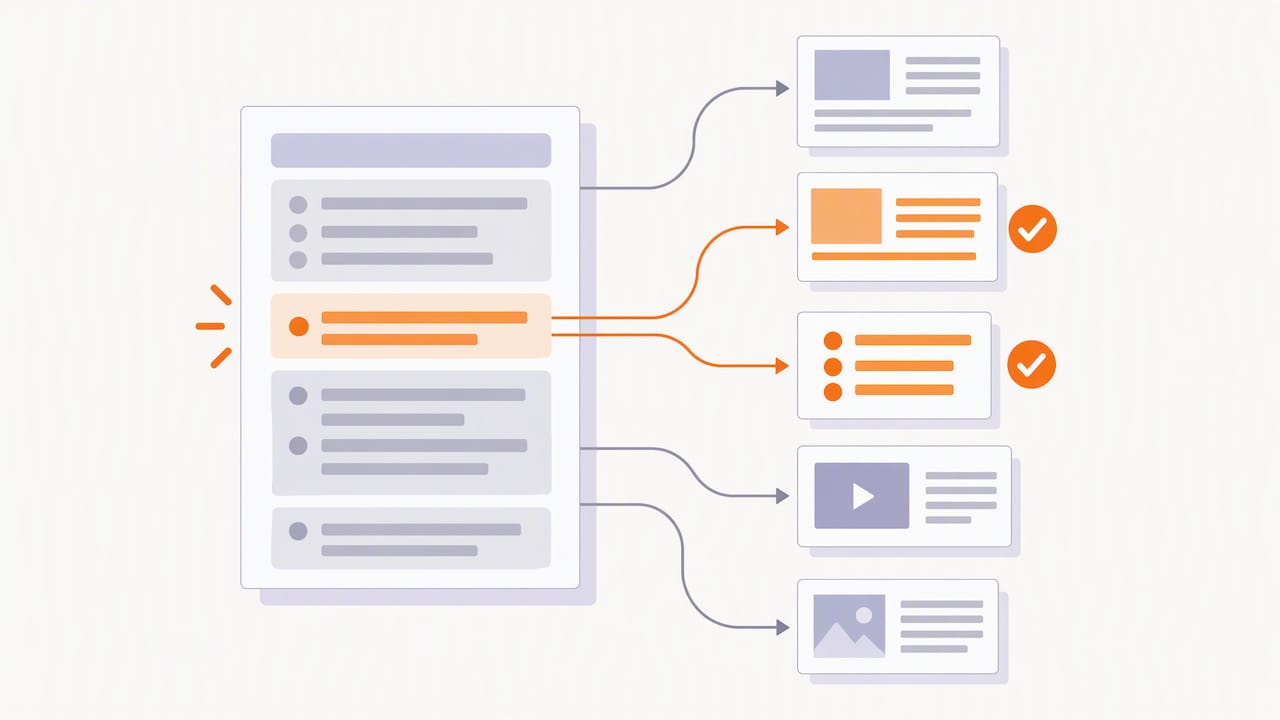 One source document linked to reusable content pieces